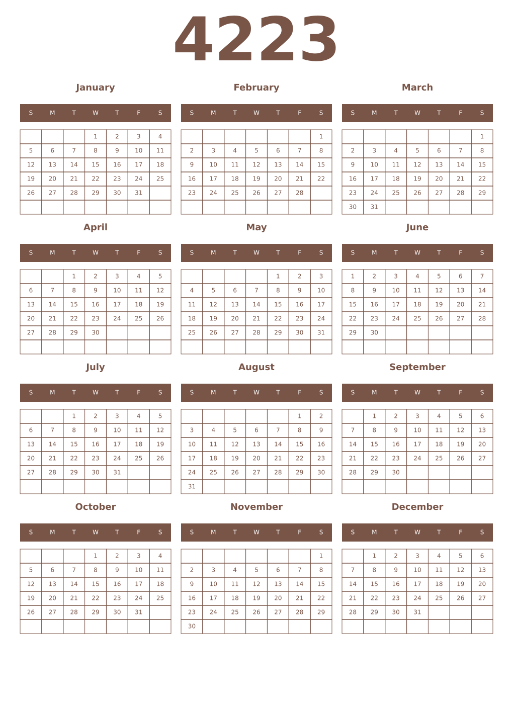 Printable 4223 Year Calendars coffe