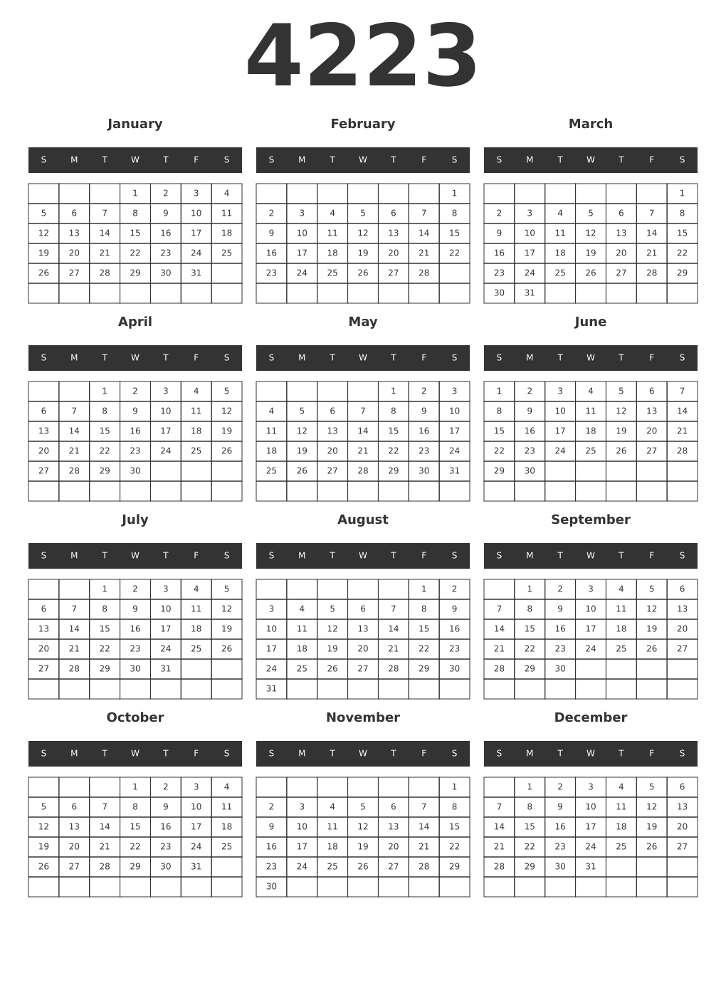 Printable 4223 Year Calendars dark