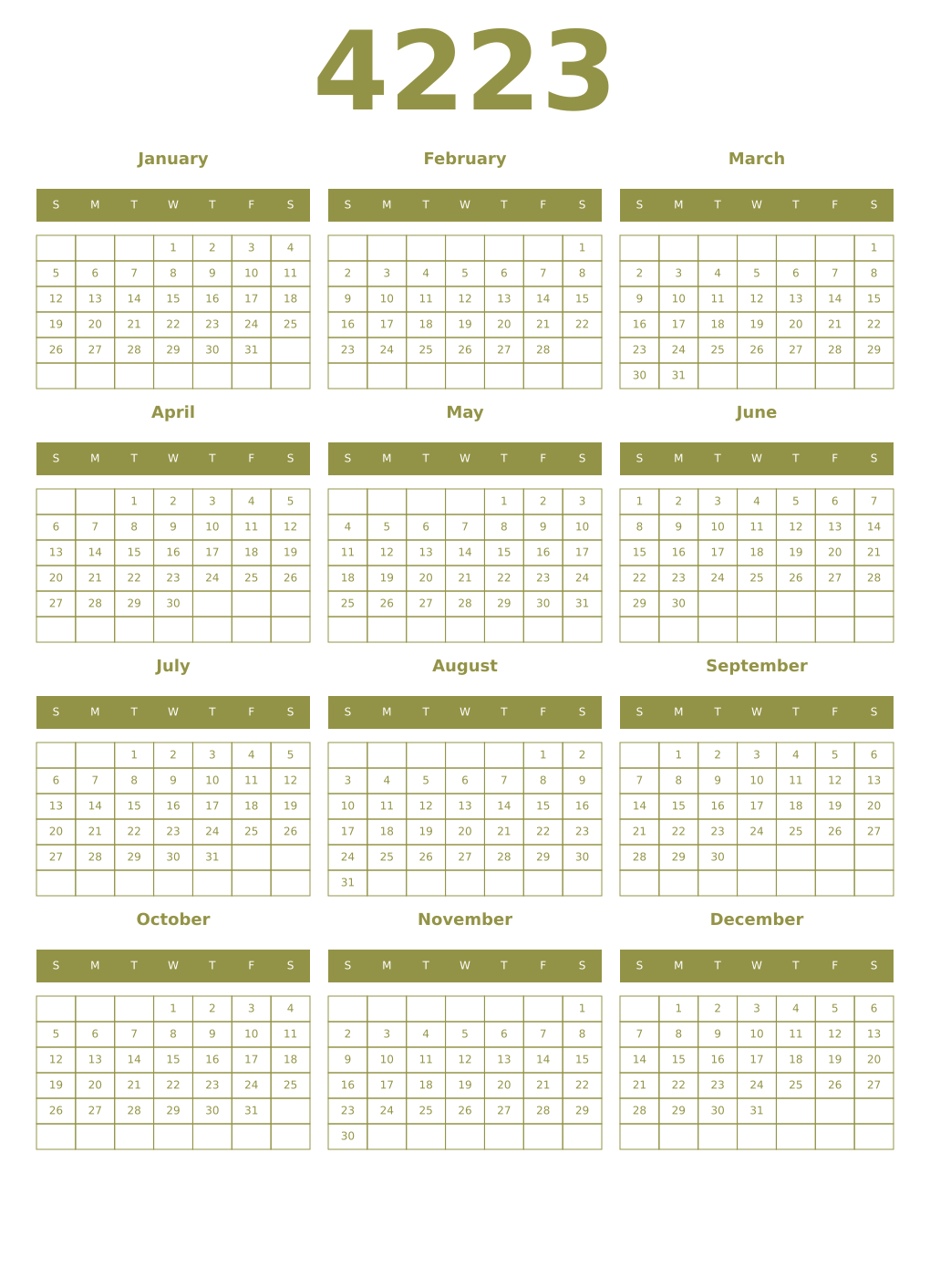 Printable 4223 Year Calendars eburnean