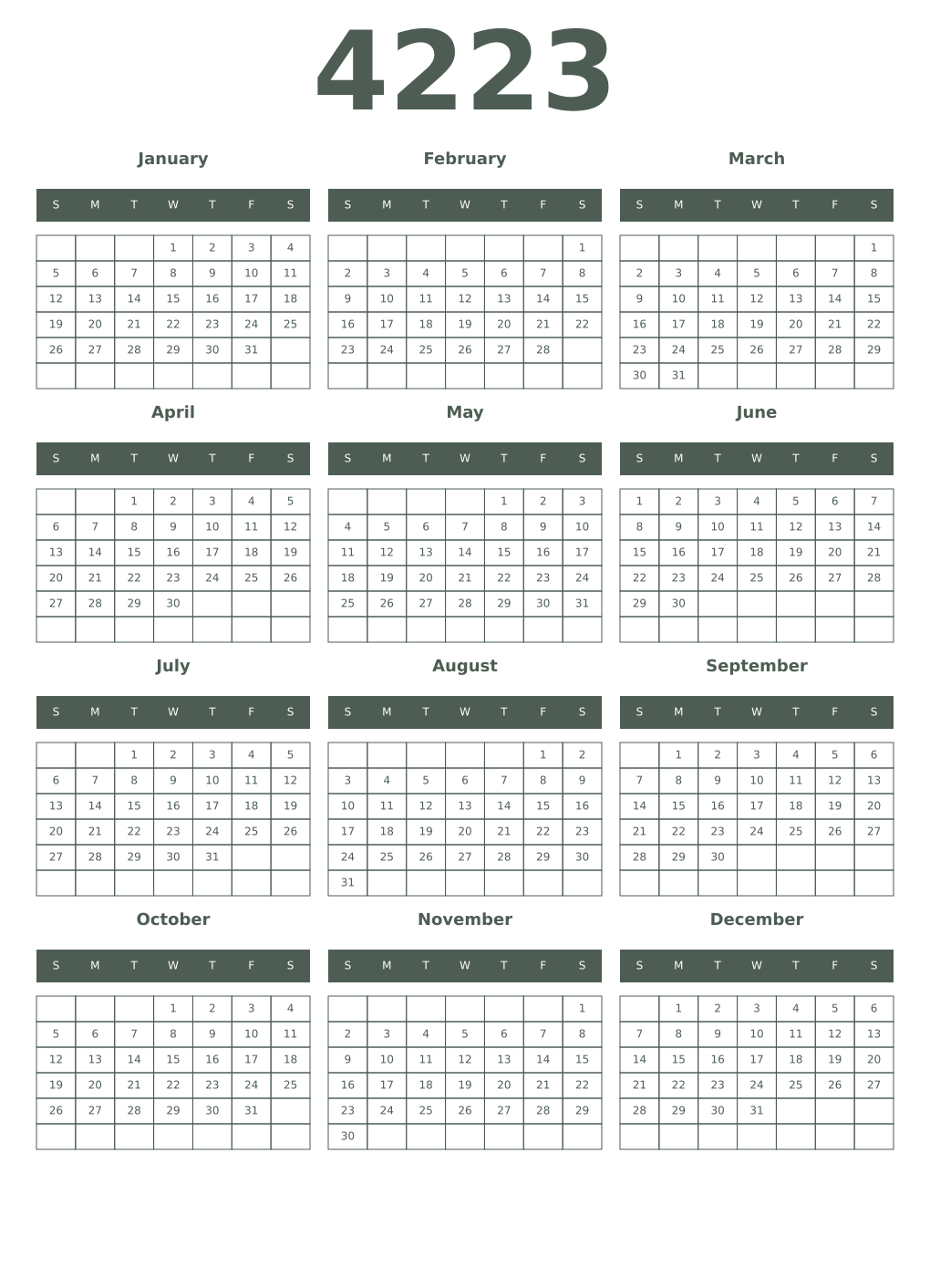 Printable 4223 Year Calendars feldgrau