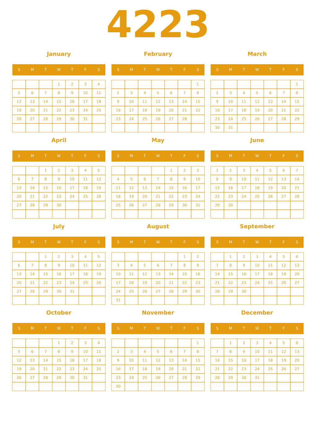 Printable 4223 Year Calendars gamboge
