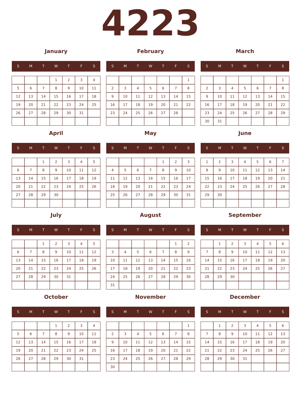 Printable 4223 Year Calendars mortuum
