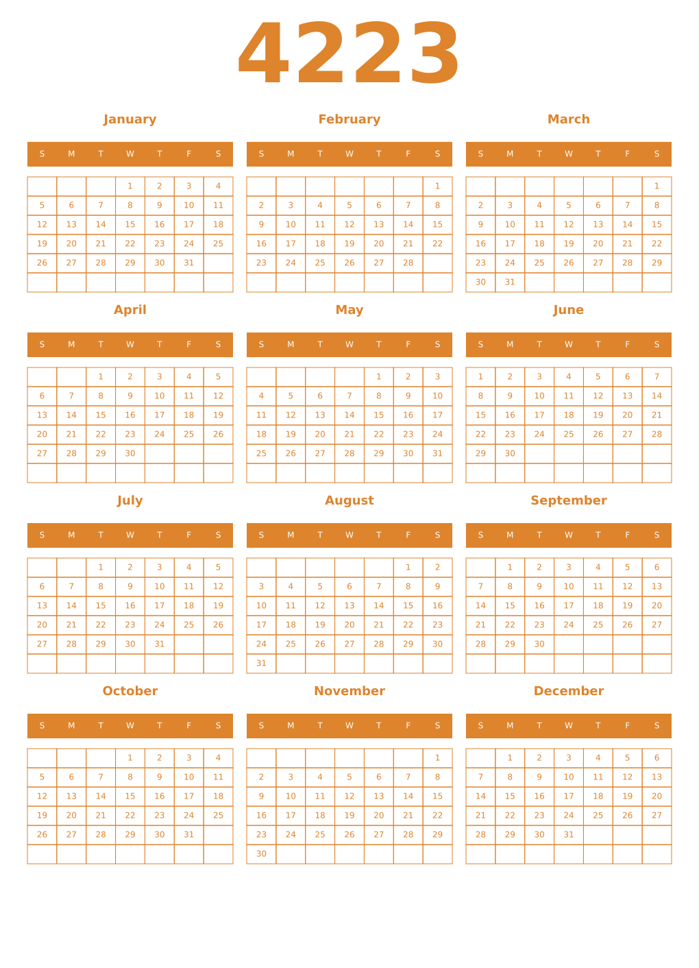 Printable 4223 Year Calendars orange