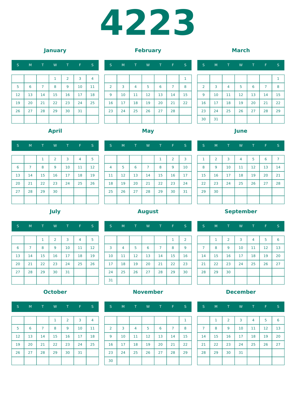 Printable 4223 Year Calendars pastel