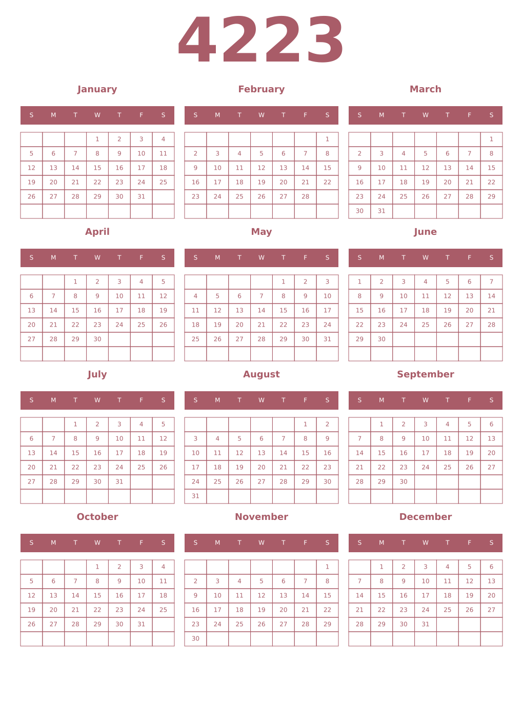 Printable 4223 Year Calendars puce