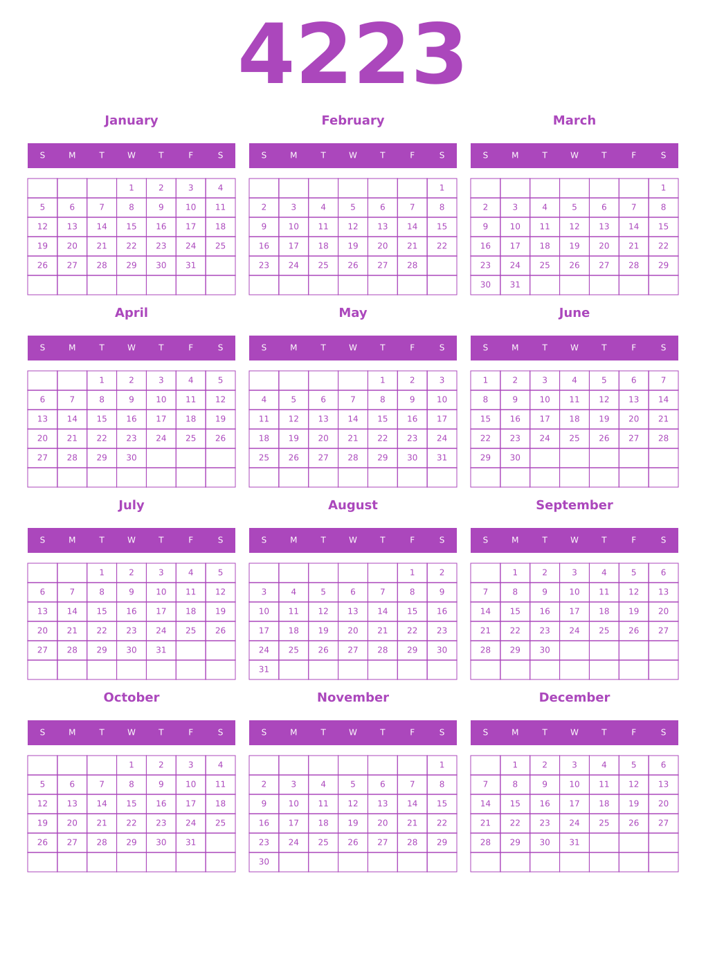 Printable 4223 Year Calendars purple