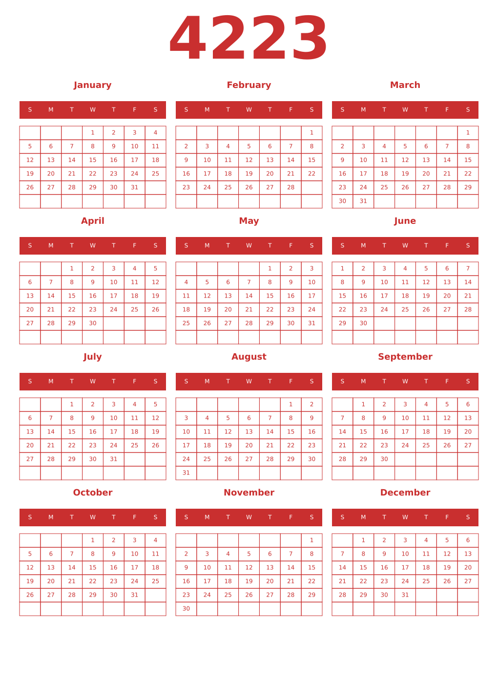 Printable 4223 Year Calendars red