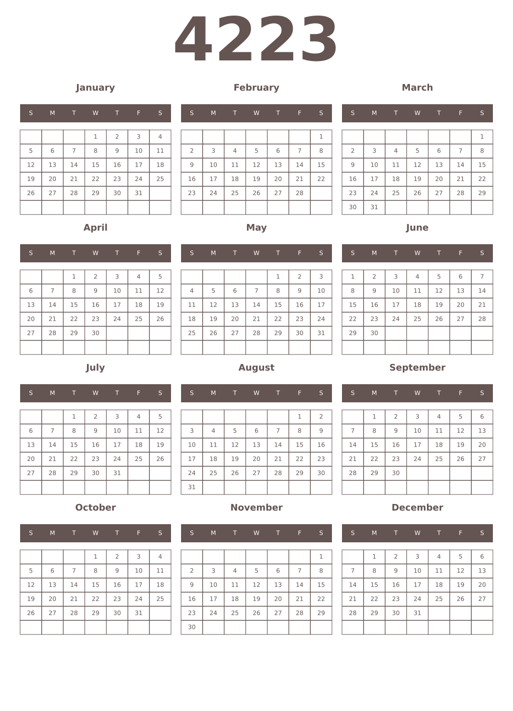 Printable 4223 Year Calendars wenge