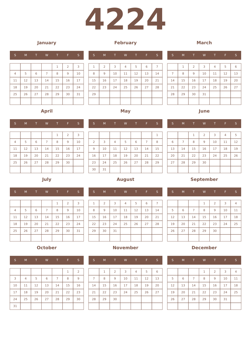 Printable 4224 Year Calendars coffe