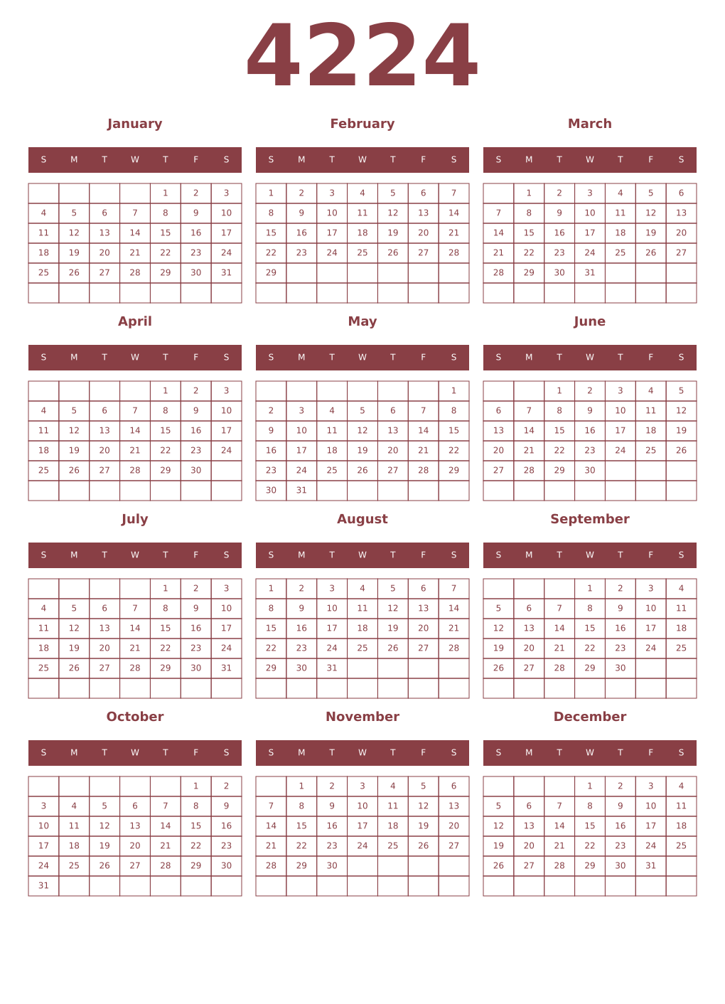 Printable 4224 Year Calendars cordovan