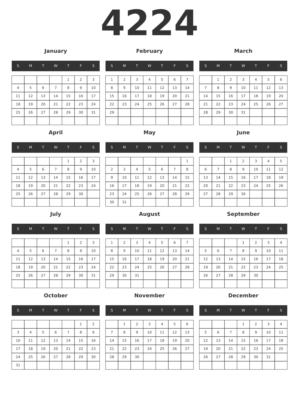 Printable 4224 Year Calendars dark