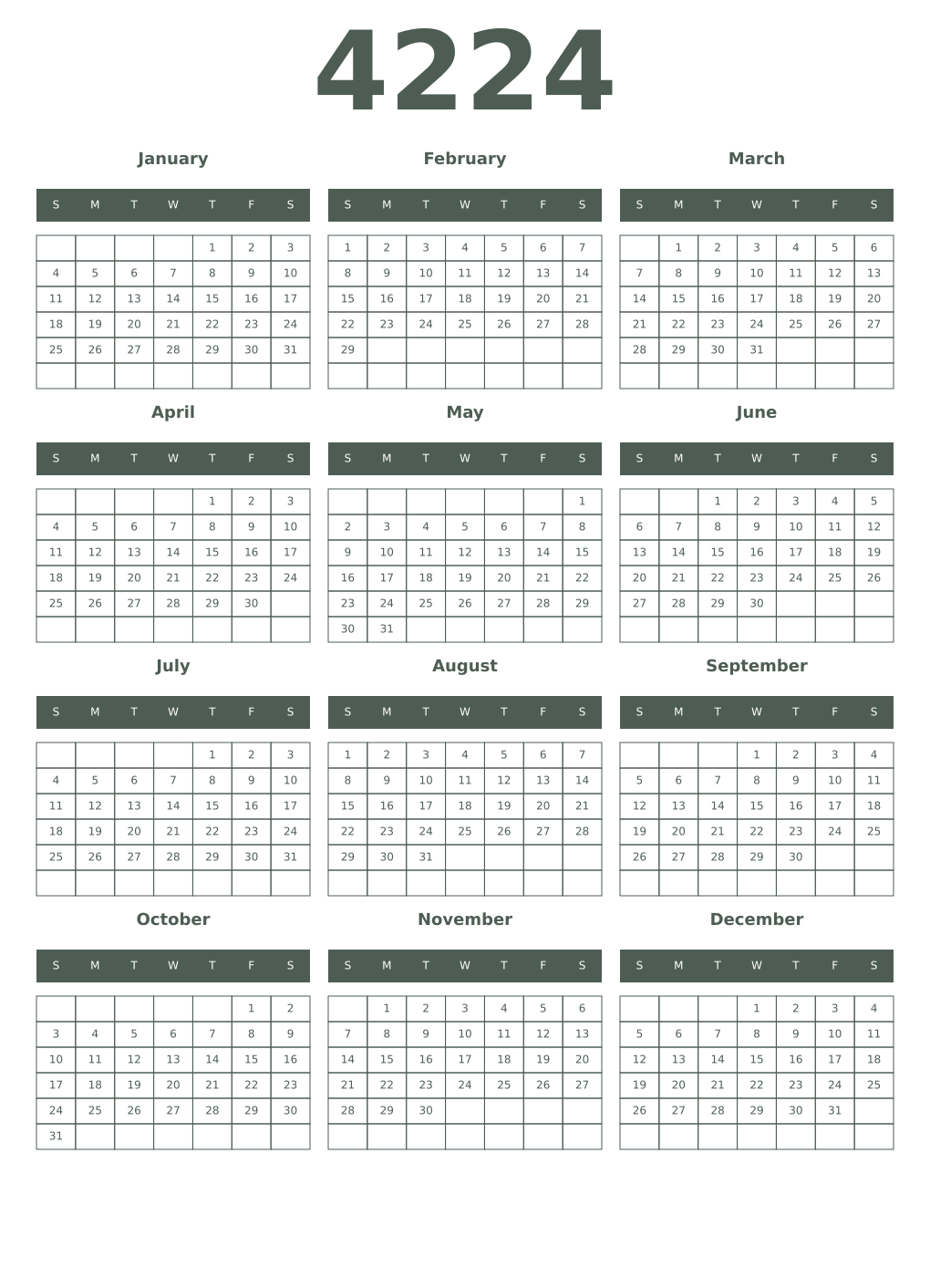 Printable 4224 Year Calendars feldgrau