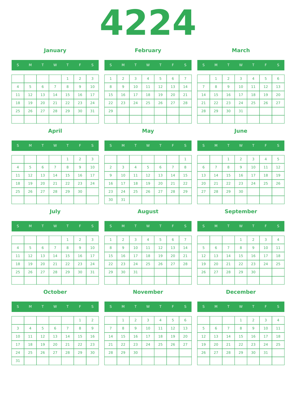 Printable 4224 Year Calendars green