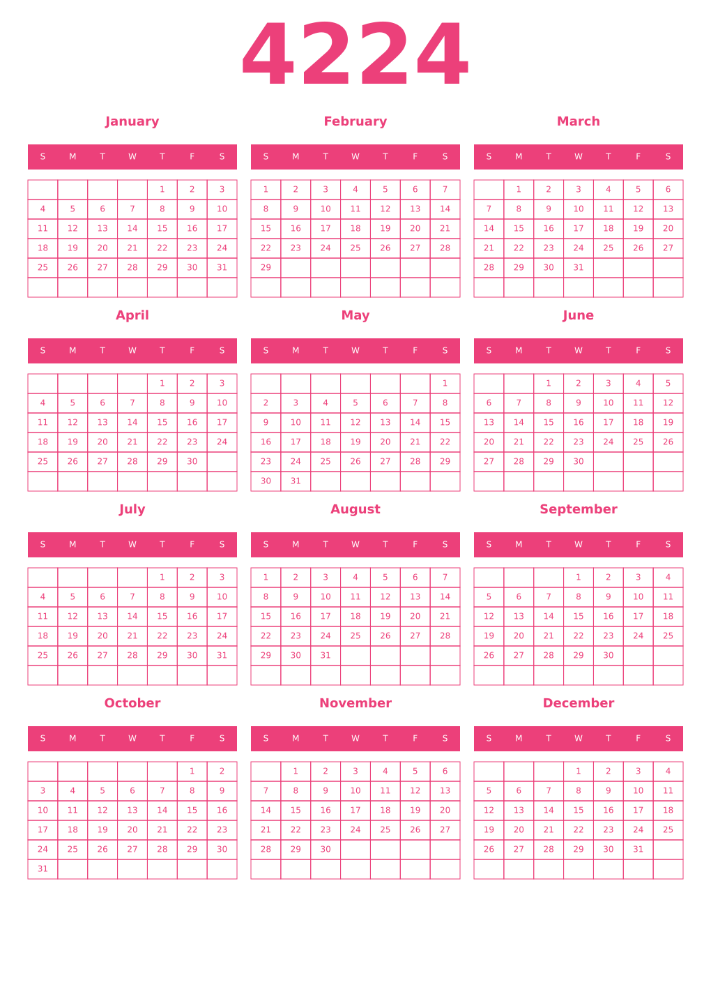 Printable 4224 Year Calendars pink