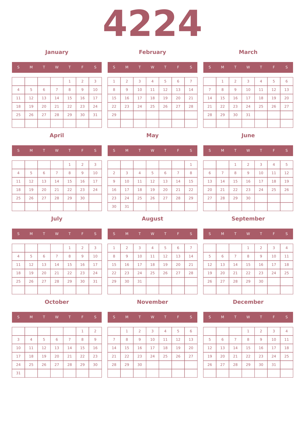 Printable 4224 Year Calendars puce