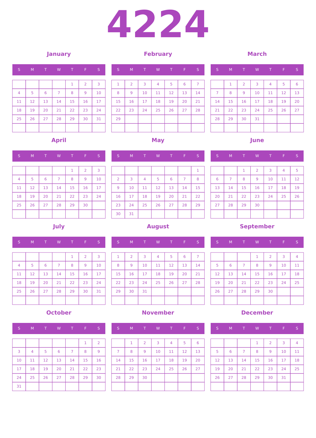 Printable 4224 Year Calendars purple
