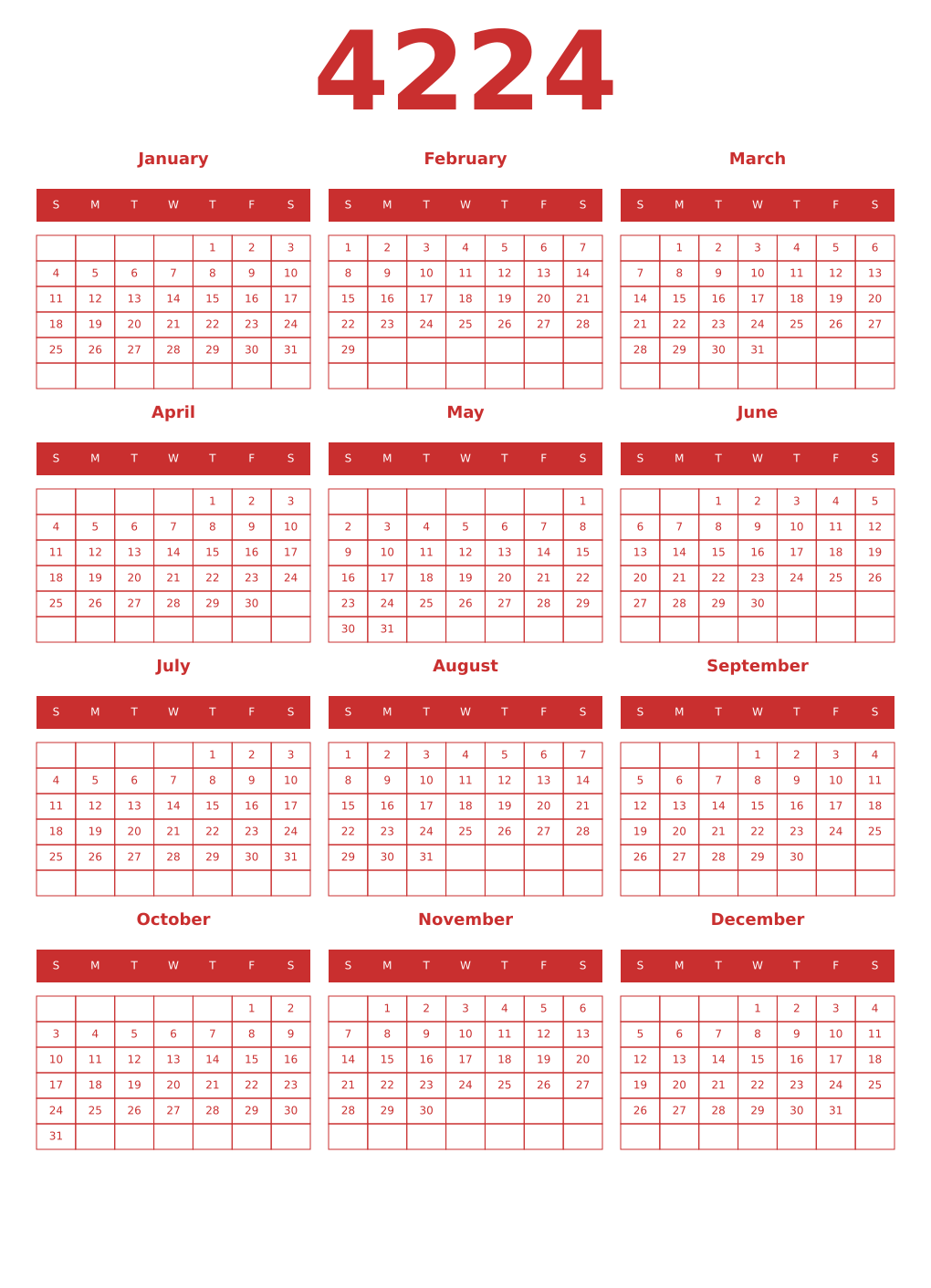 Printable 4224 Year Calendars red