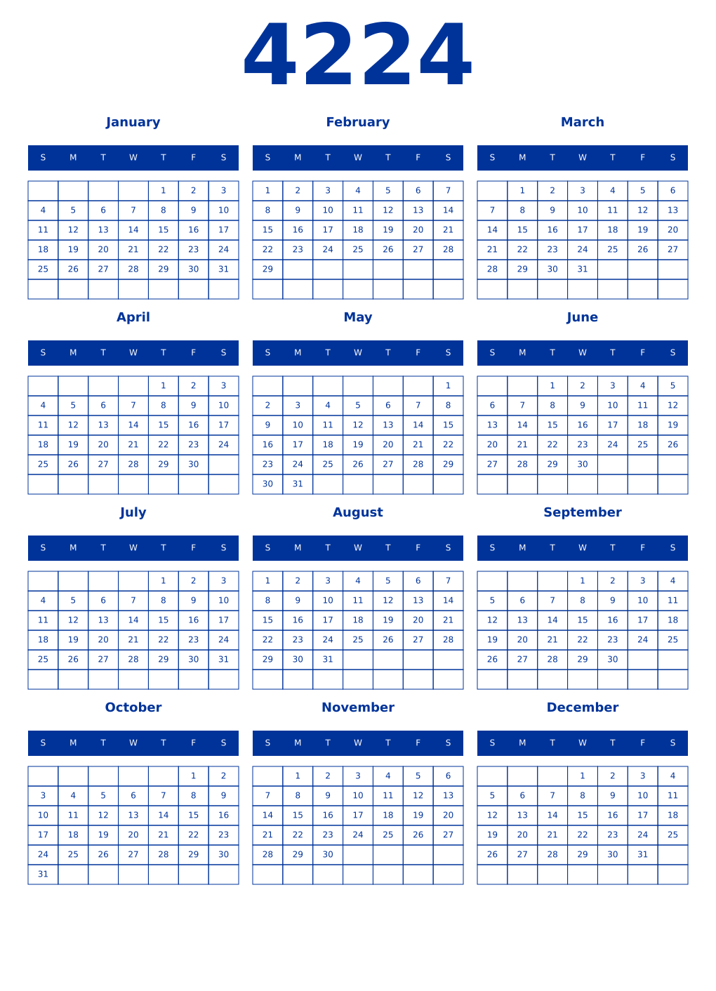 Printable 4224 Year Calendars smalt