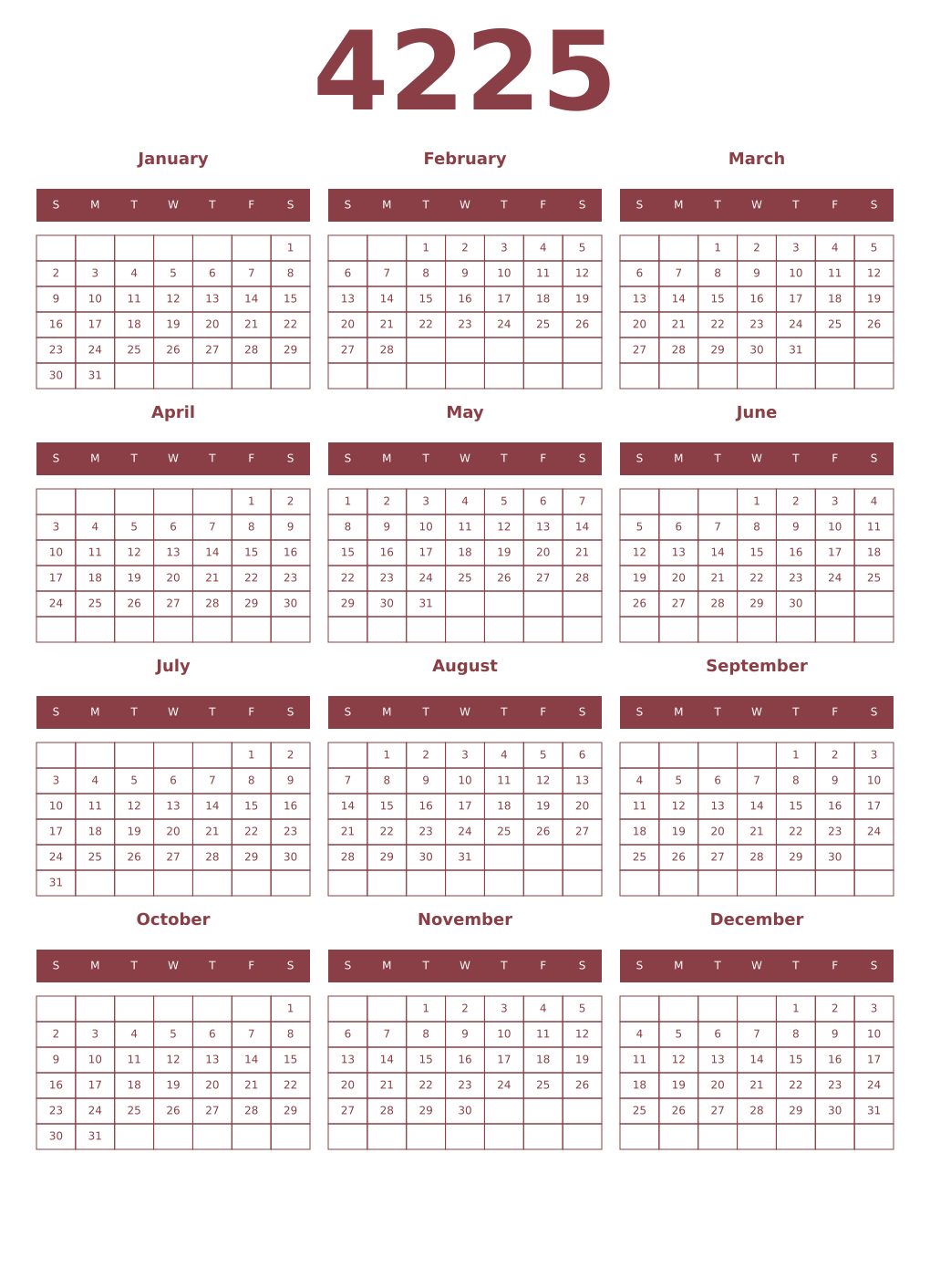 Printable 4225 Year Calendars cordovan