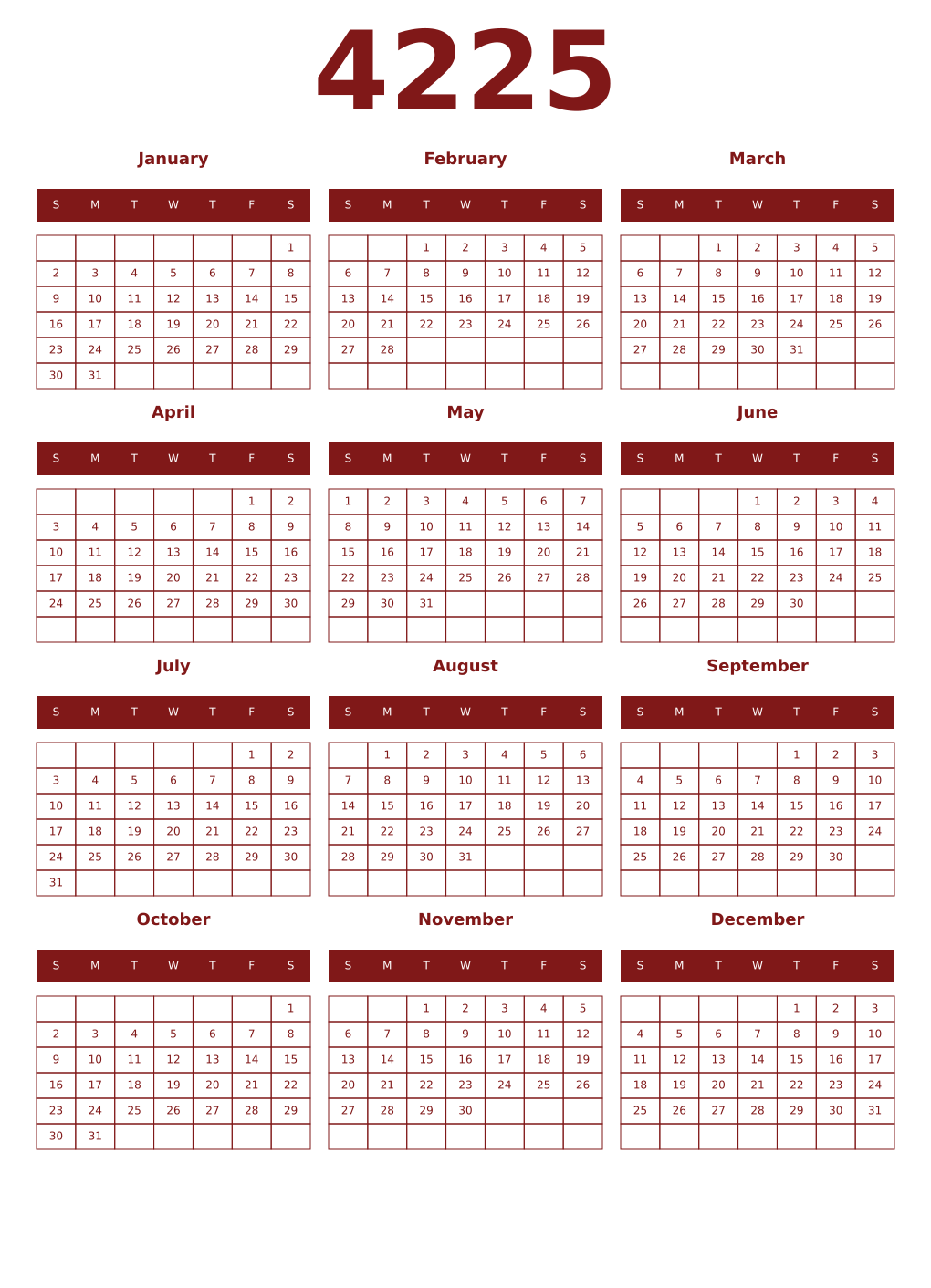 Printable 4225 Year Calendars falu