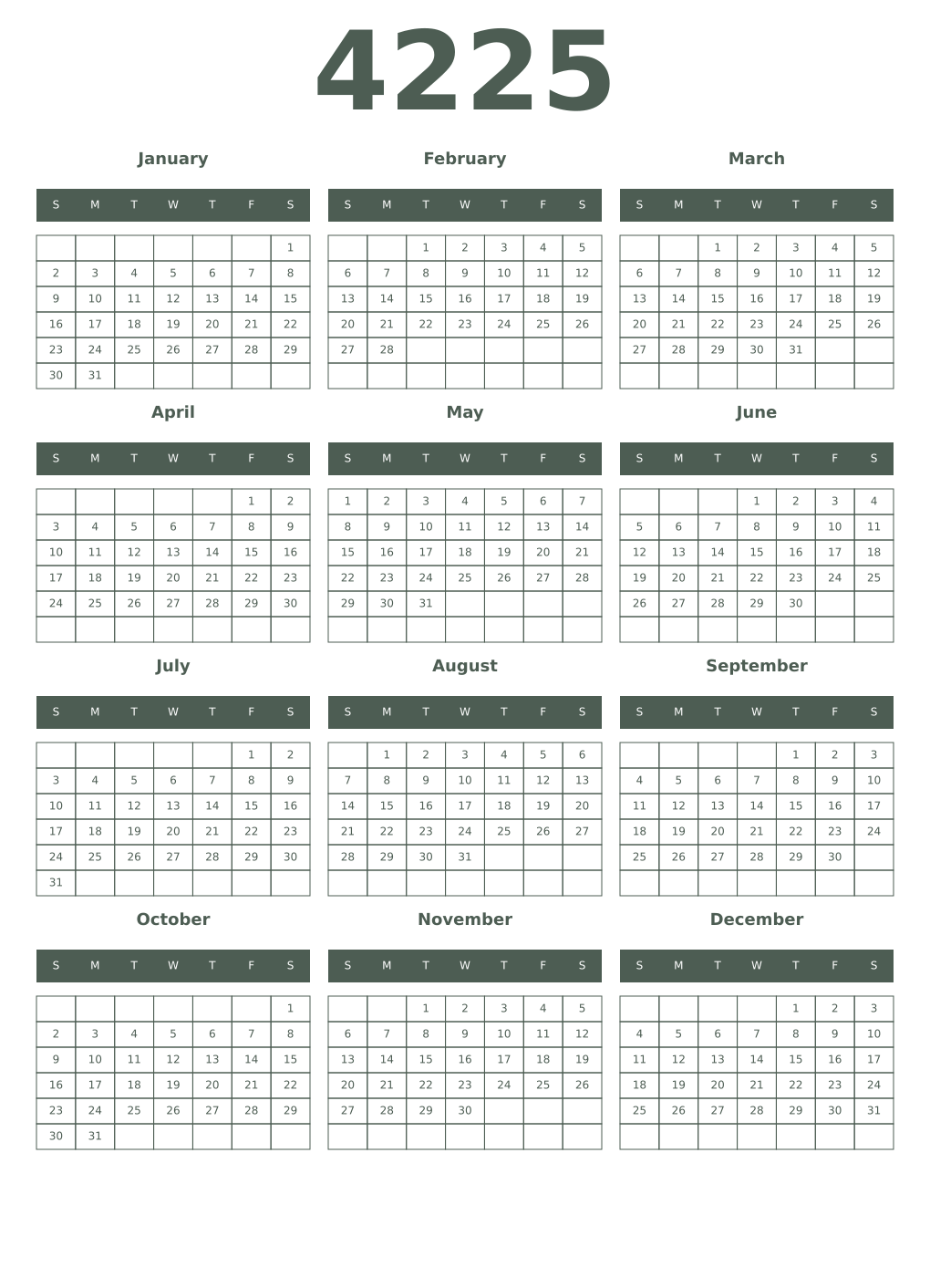 Printable 4225 Year Calendars feldgrau