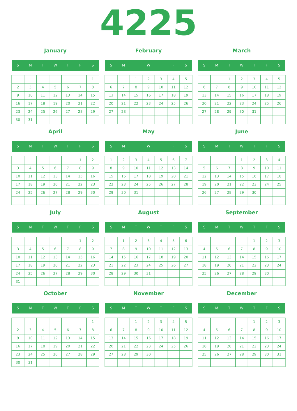 Printable 4225 Year Calendars green
