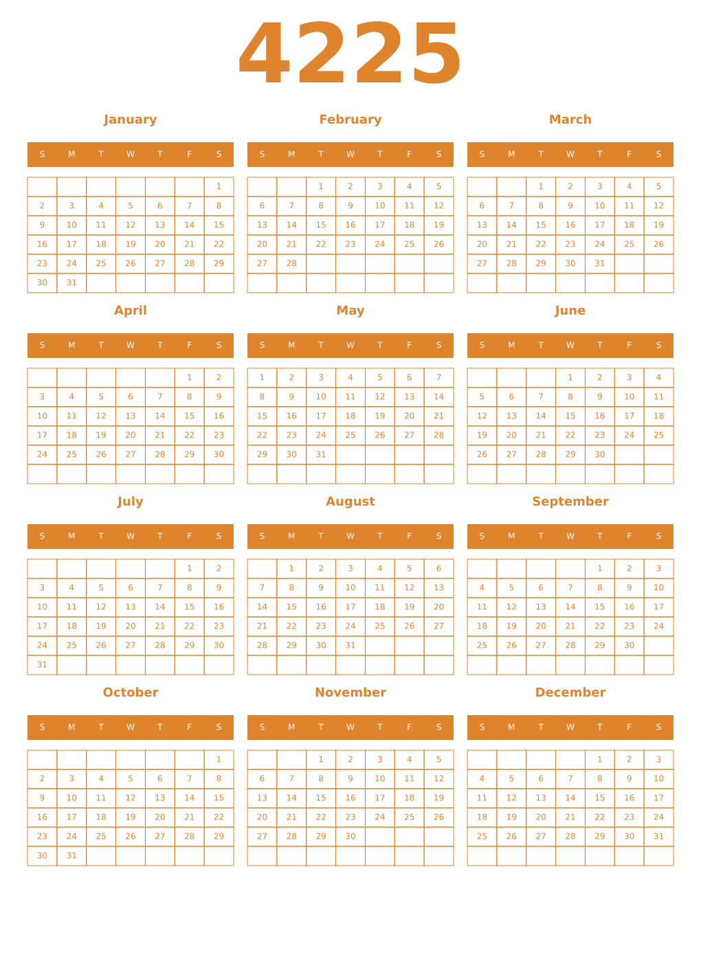 Printable 4225 Year Calendars orange