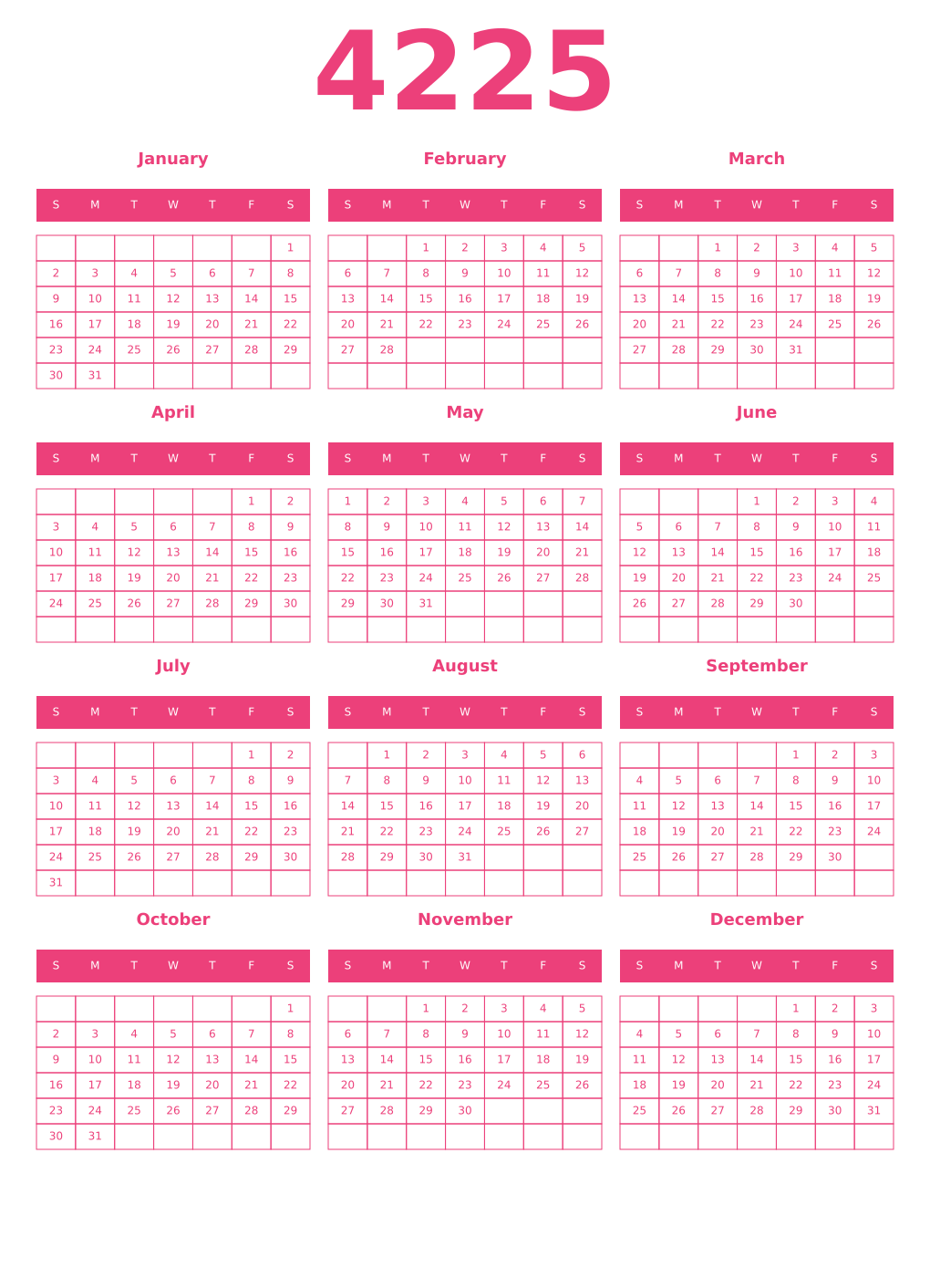 Printable 4225 Year Calendars pink