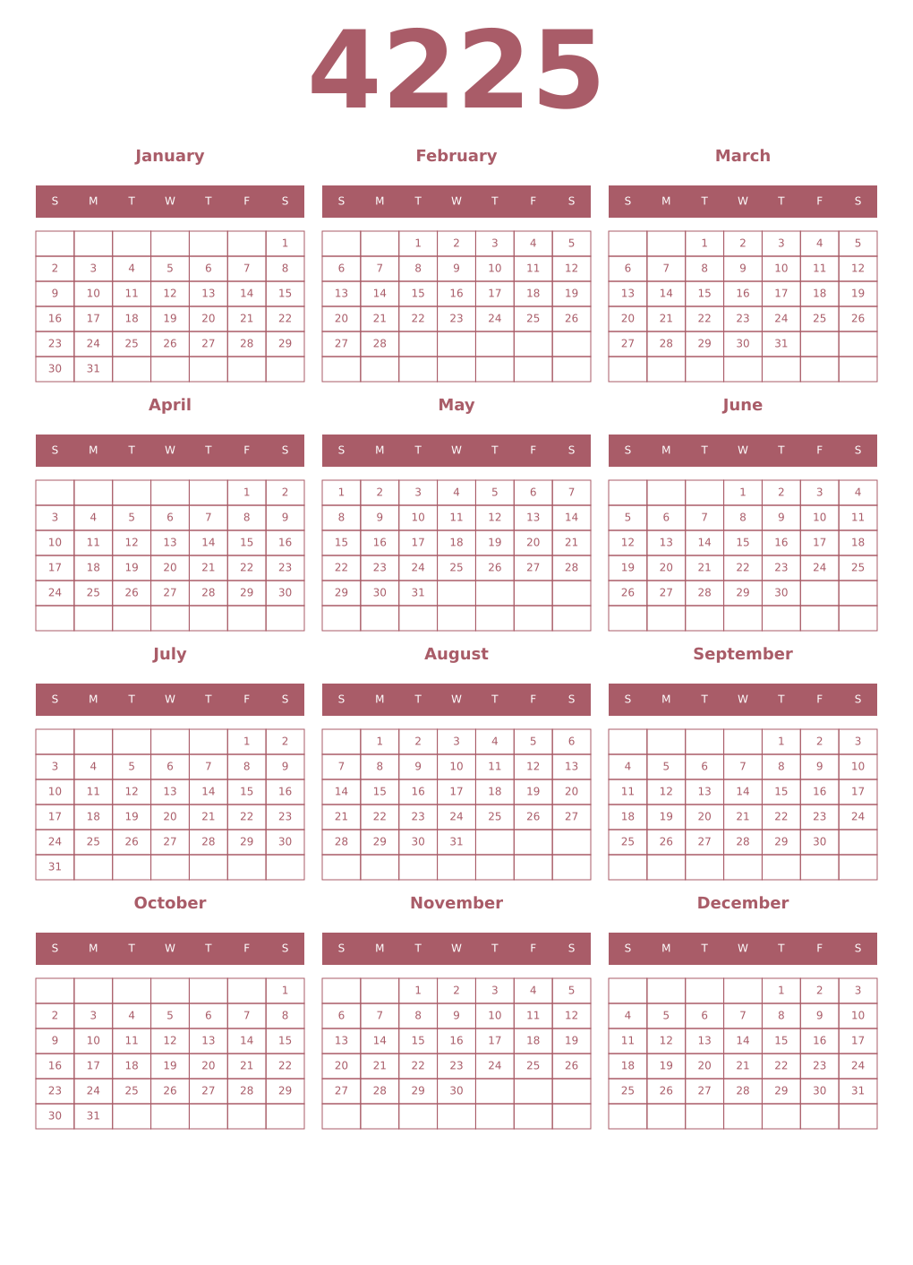 Printable 4225 Year Calendars puce