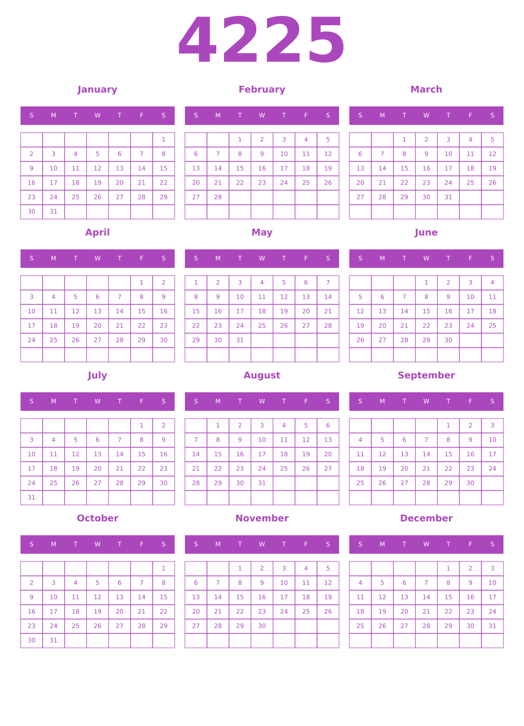 Printable 4225 Year Calendars purple