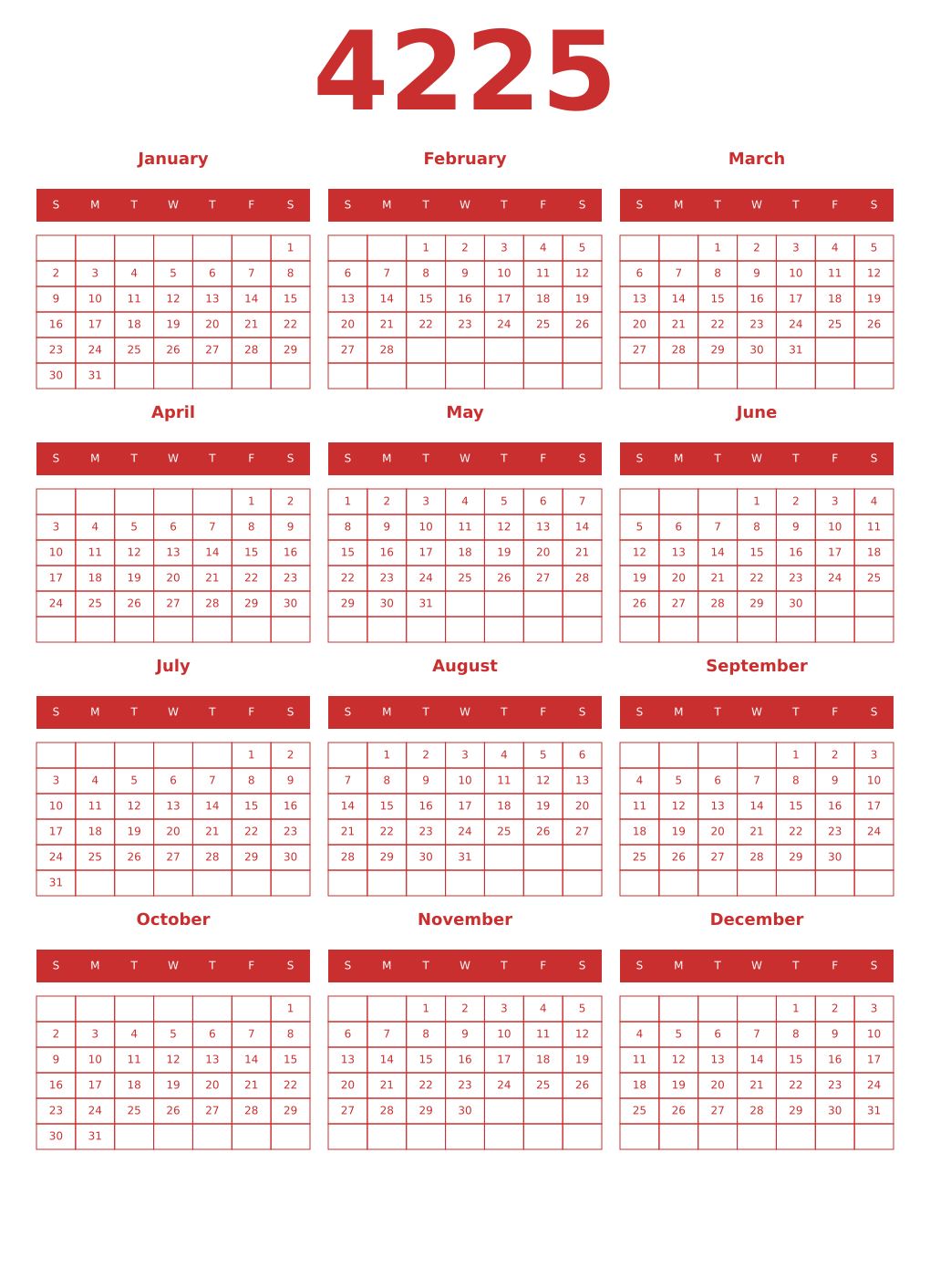 Printable 4225 Year Calendars red
