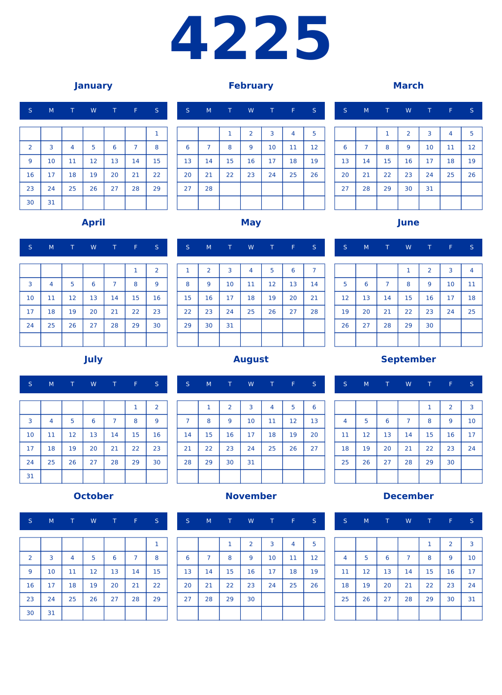 Printable 4225 Year Calendars smalt