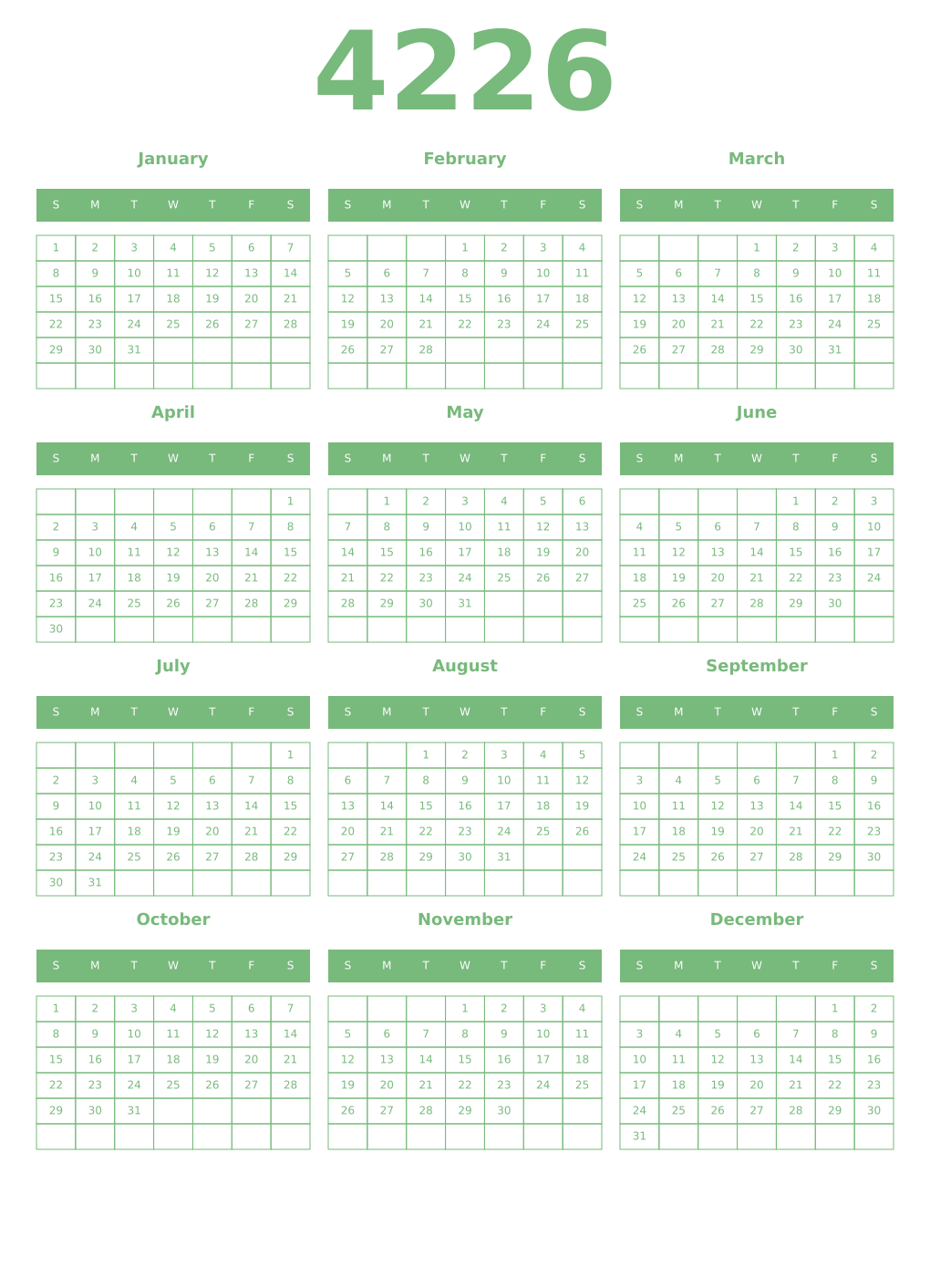 Printable 4226 Year Calendars celadon