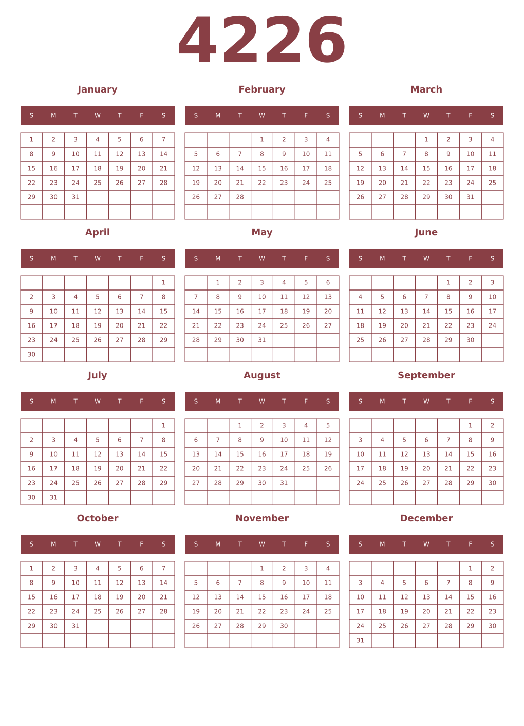 Printable 4226 Year Calendars cordovan