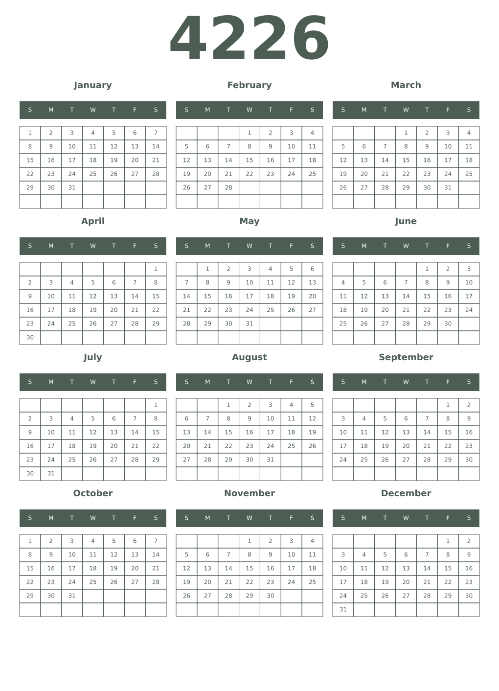 Printable 4226 Year Calendars feldgrau
