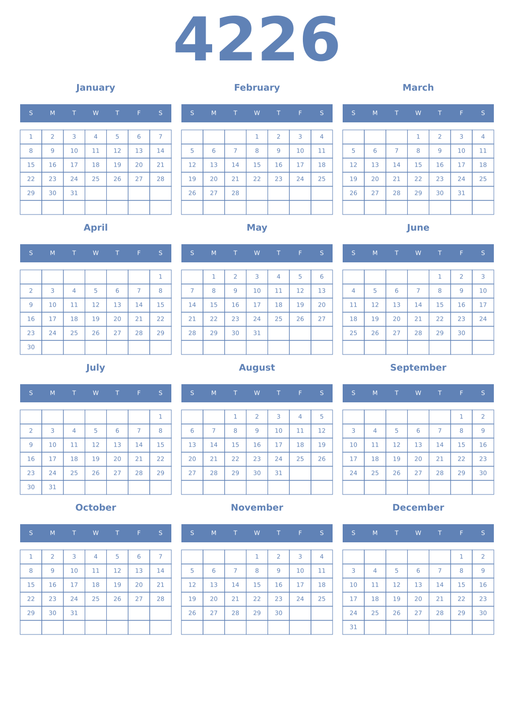 Printable 4226 Year Calendars glaucous