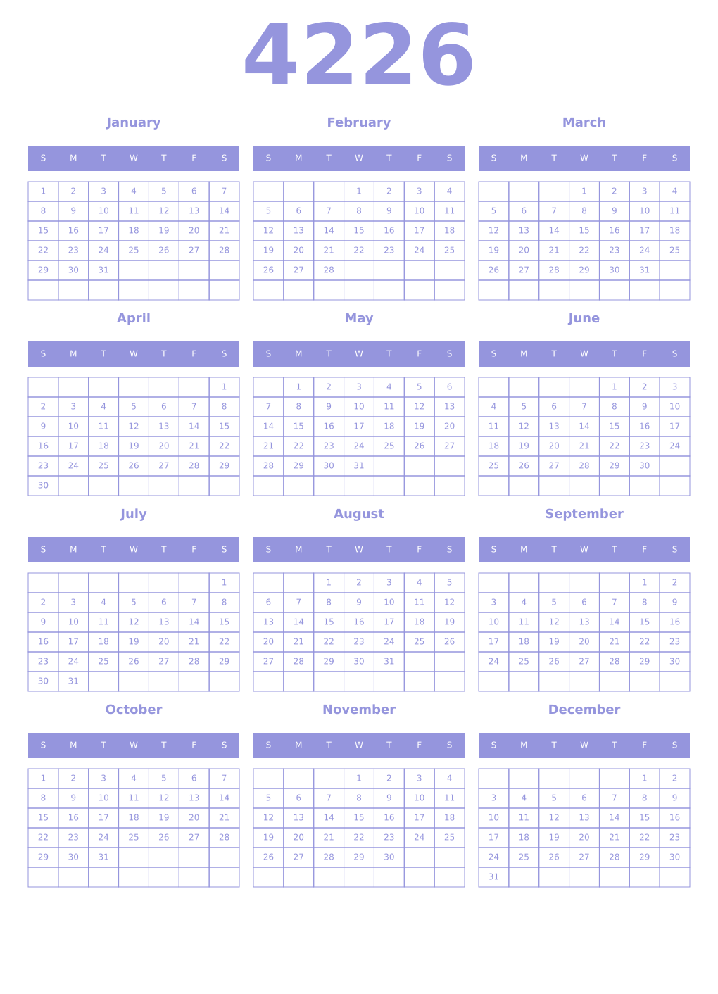 Printable 4226 Year Calendars periwinkle