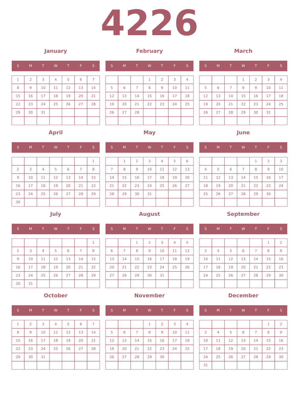Printable 4226 Year Calendars puce