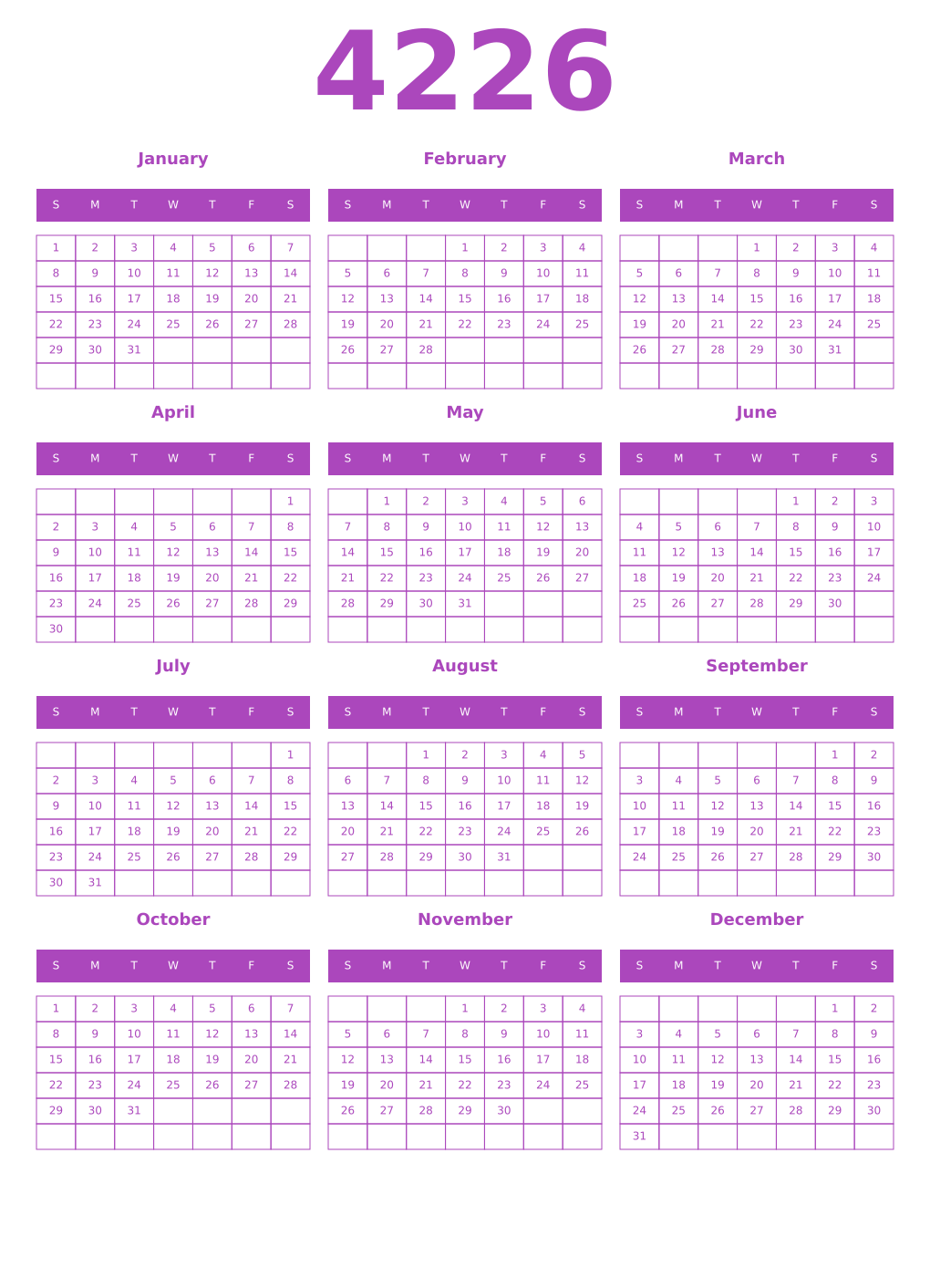 Printable 4226 Year Calendars purple