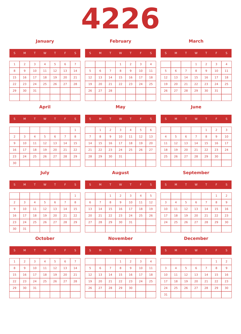 Printable 4226 Year Calendars red
