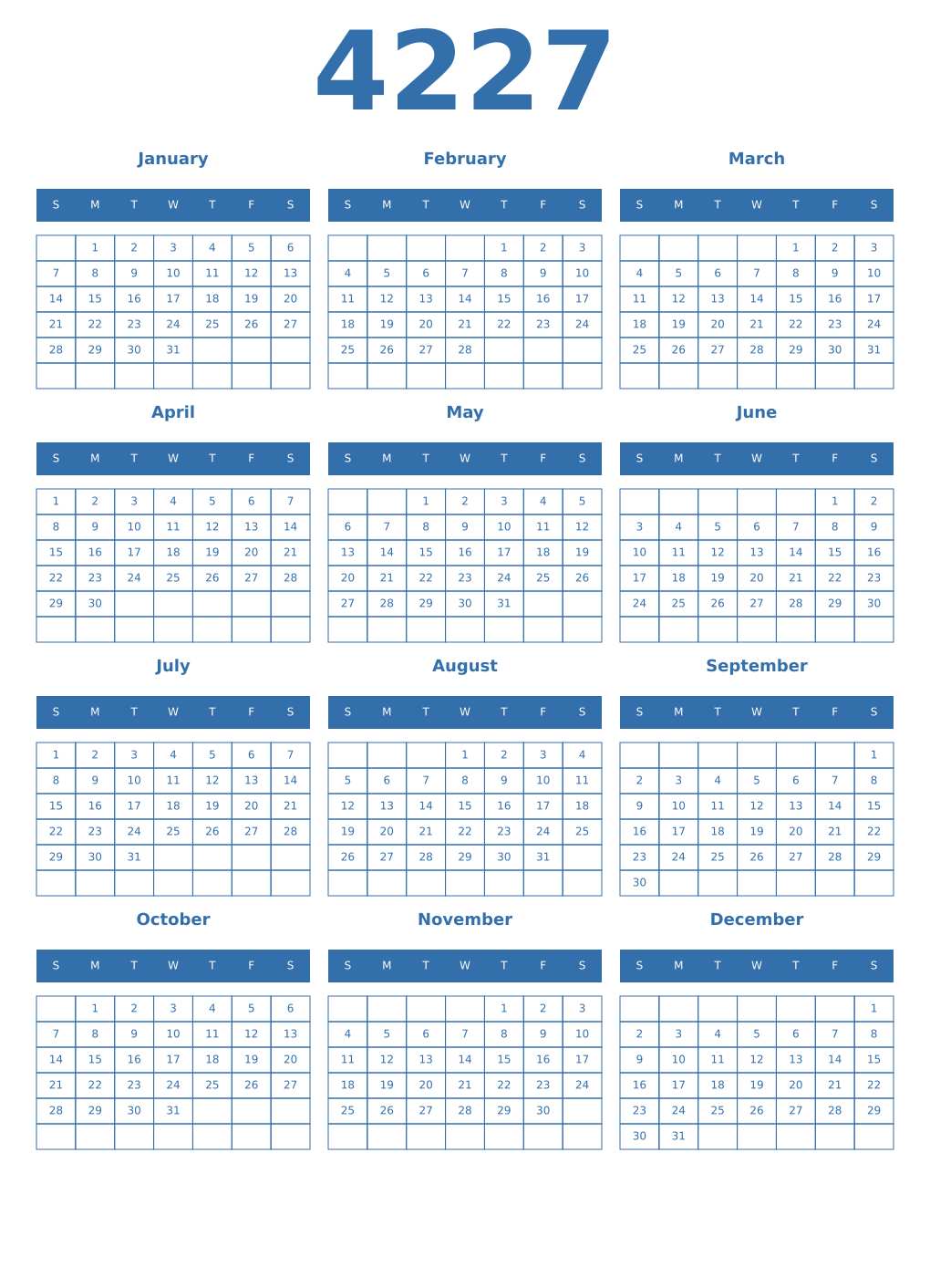 Printable 4227 Year Calendars blue