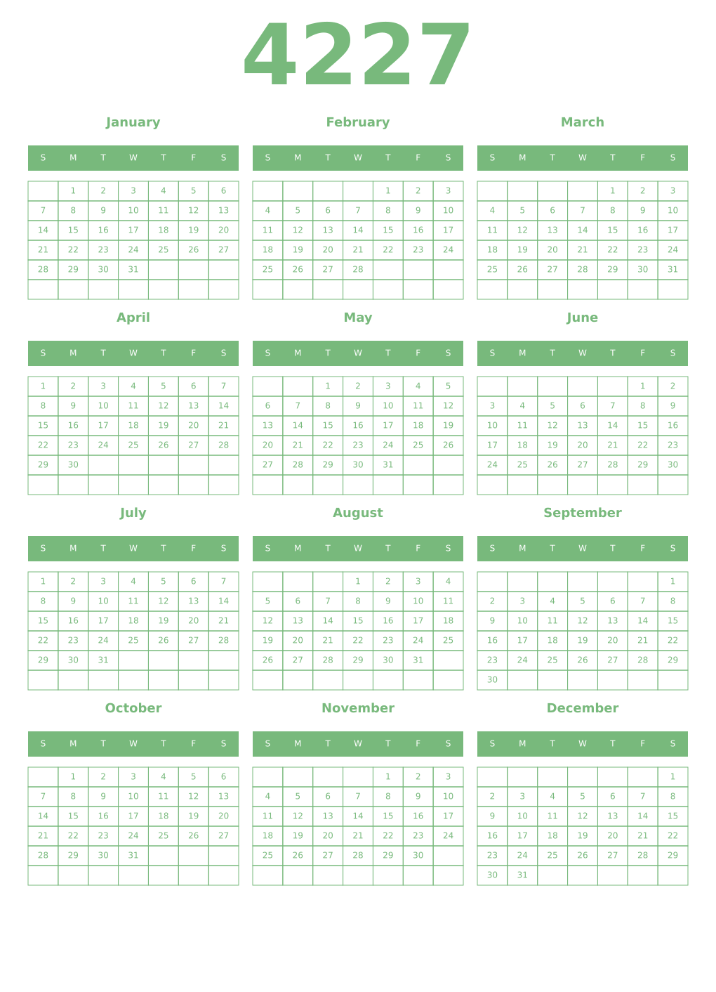 Printable 4227 Year Calendars celadon