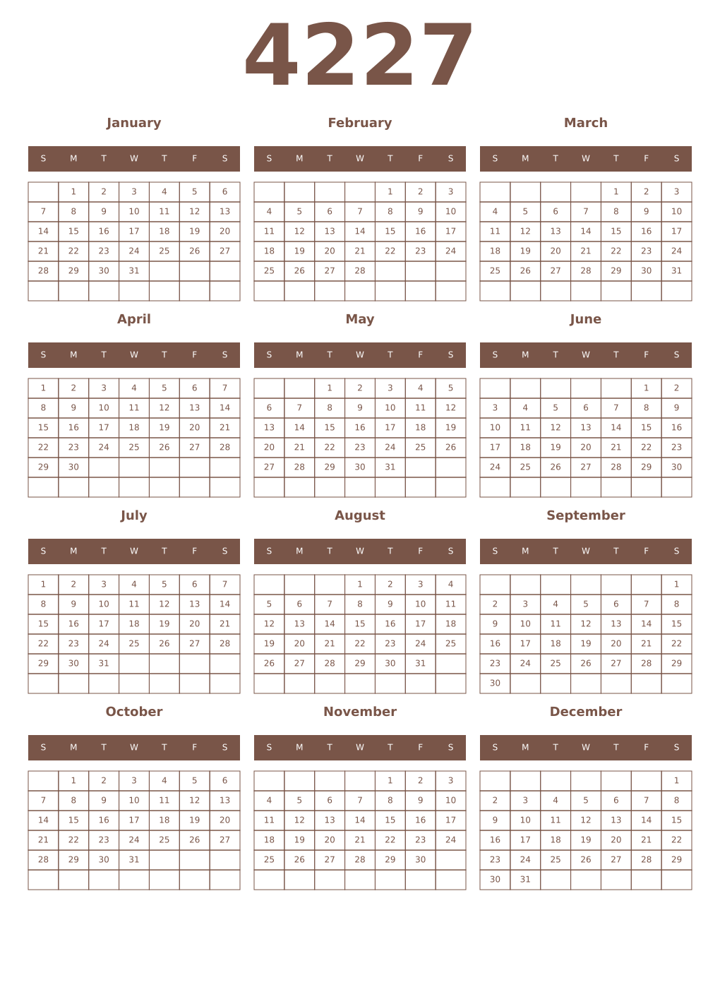 Printable 4227 Year Calendars coffe