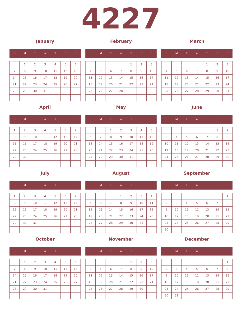 Printable 4227 Year Calendars cordovan