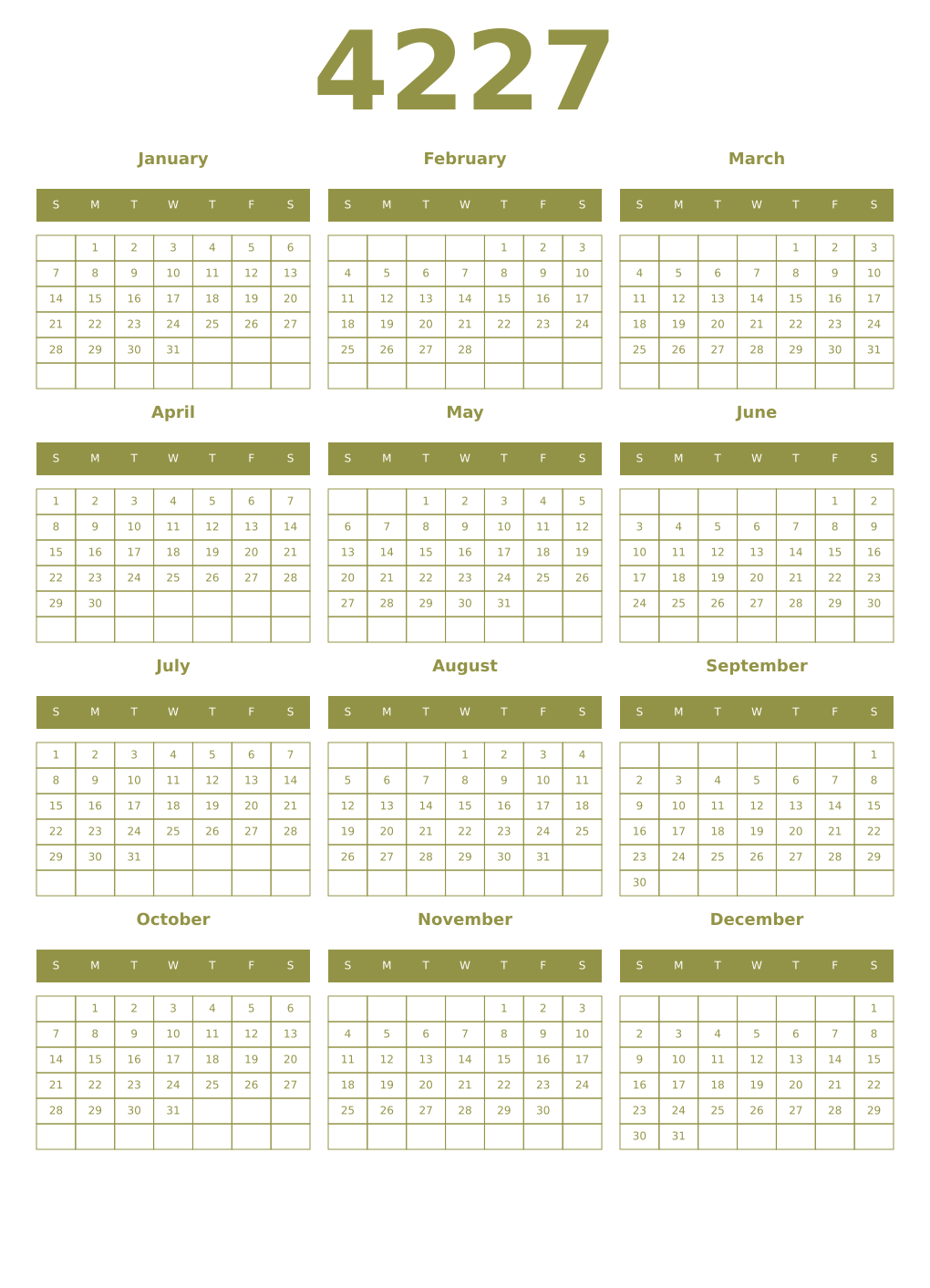Printable 4227 Year Calendars eburnean