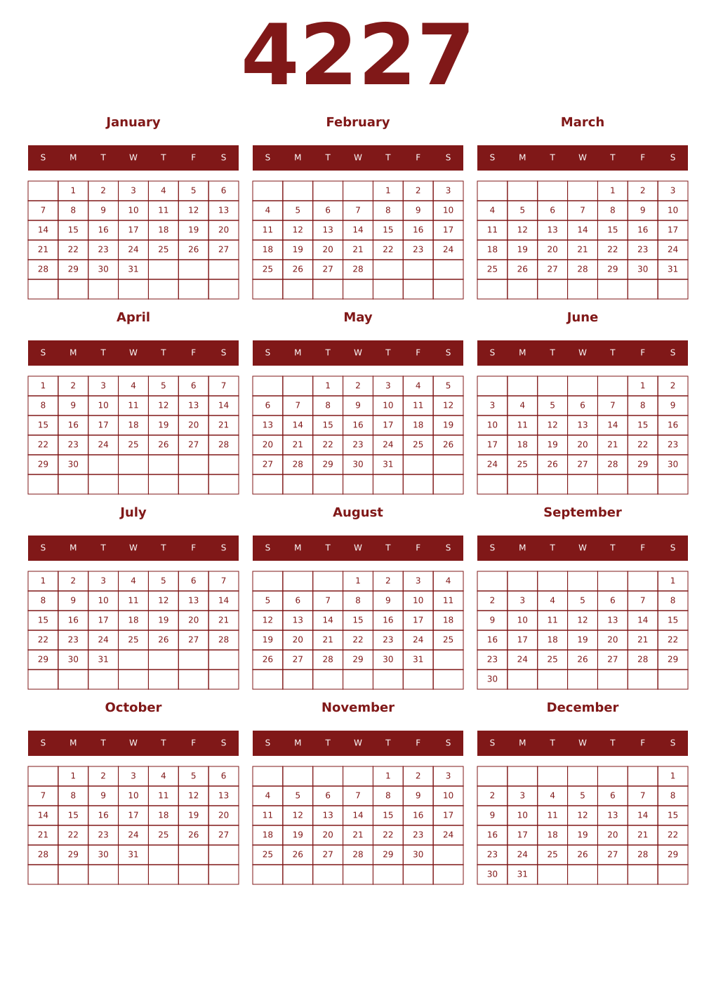 Printable 4227 Year Calendars falu