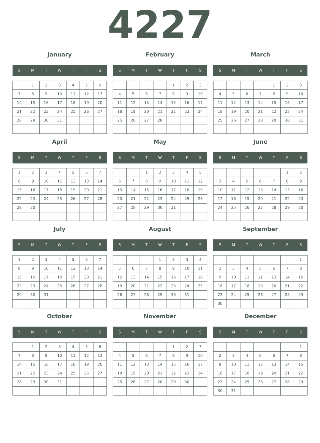 Printable 4227 Year Calendars feldgrau