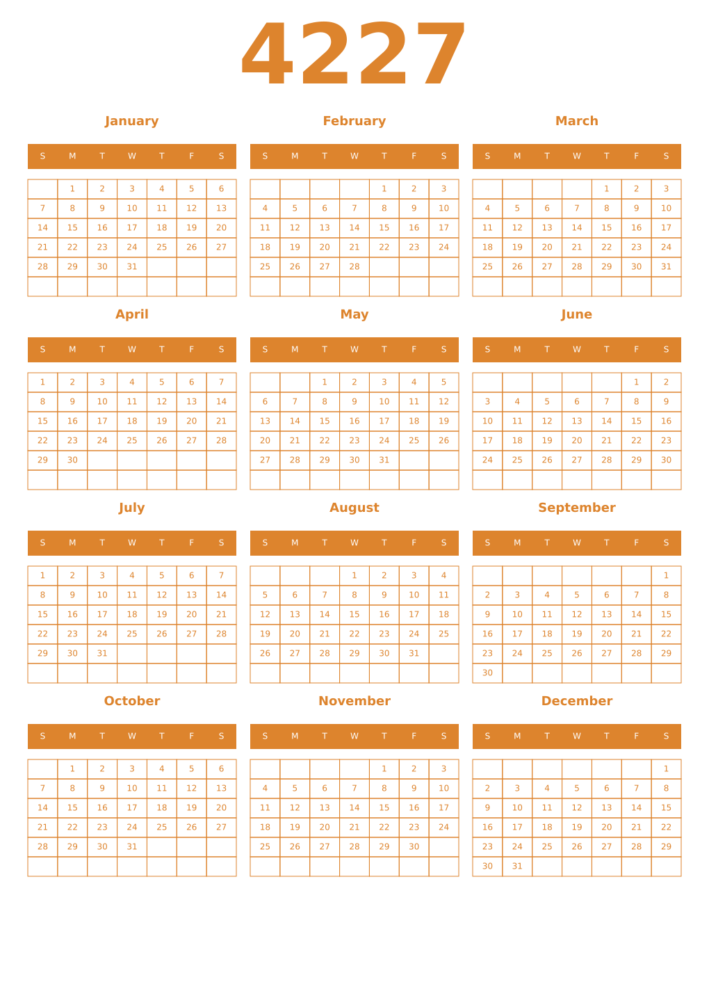 Printable 4227 Year Calendars orange