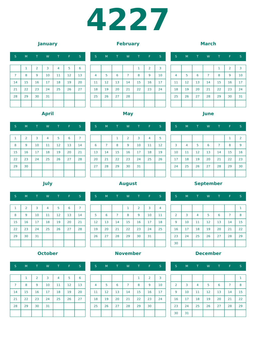 Printable 4227 Year Calendars pastel