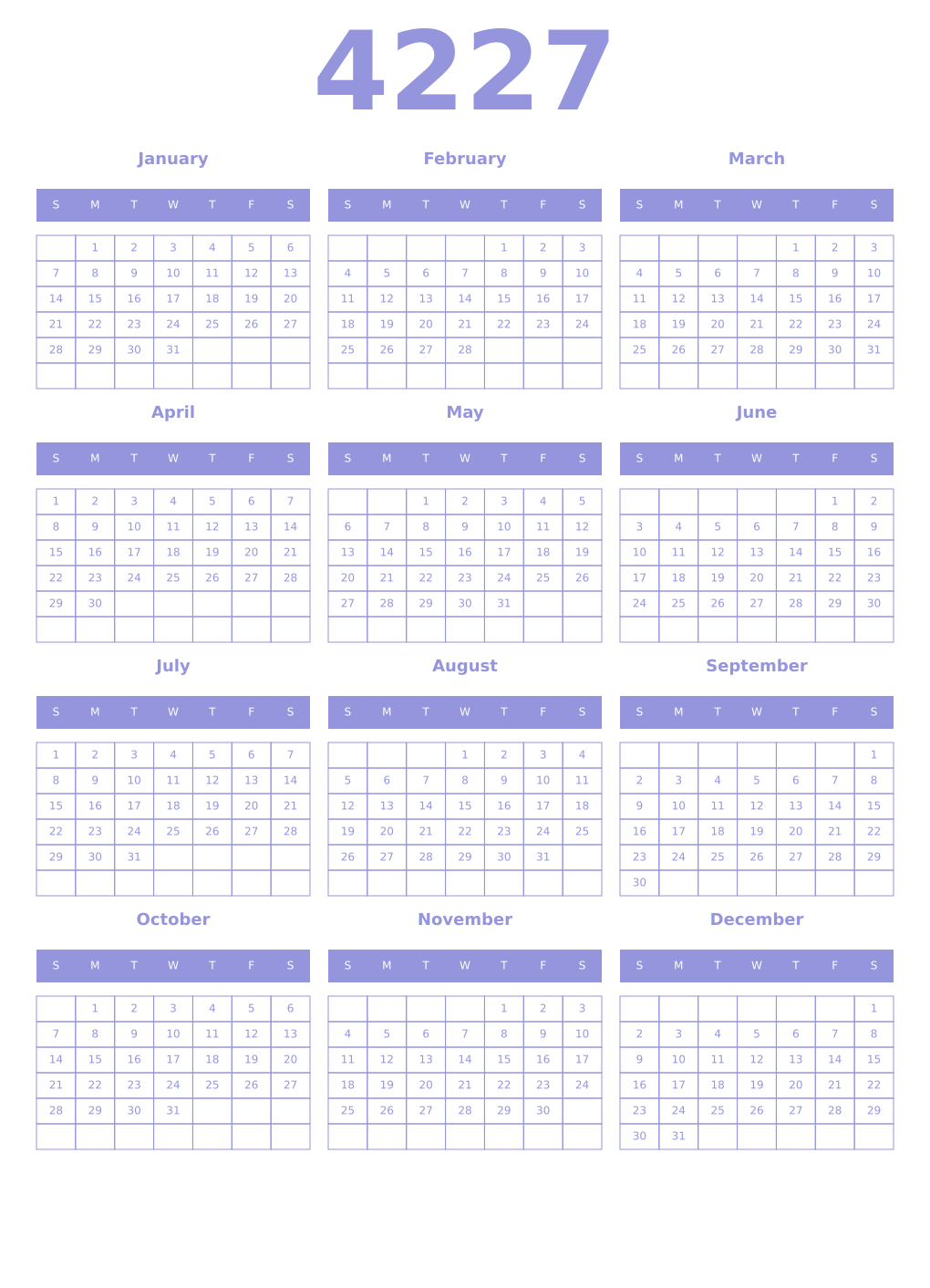 Printable 4227 Year Calendars periwinkle